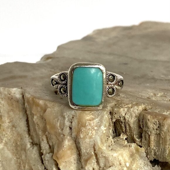 Sterling Silver 925 Rectangular Faux Turquoise Inlay Marcasite Shank Ring Sz 6.5 - Picture 11 of 16